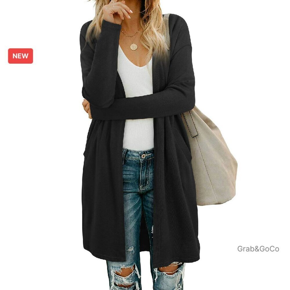 Open Front Cardigan Shirt Lightweight Coat Long Sleeve Pockets Chic Minimal